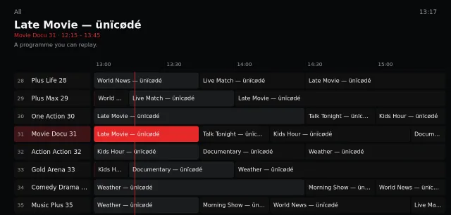 Ontv programme guide: channels down the side, programmes across the hours.