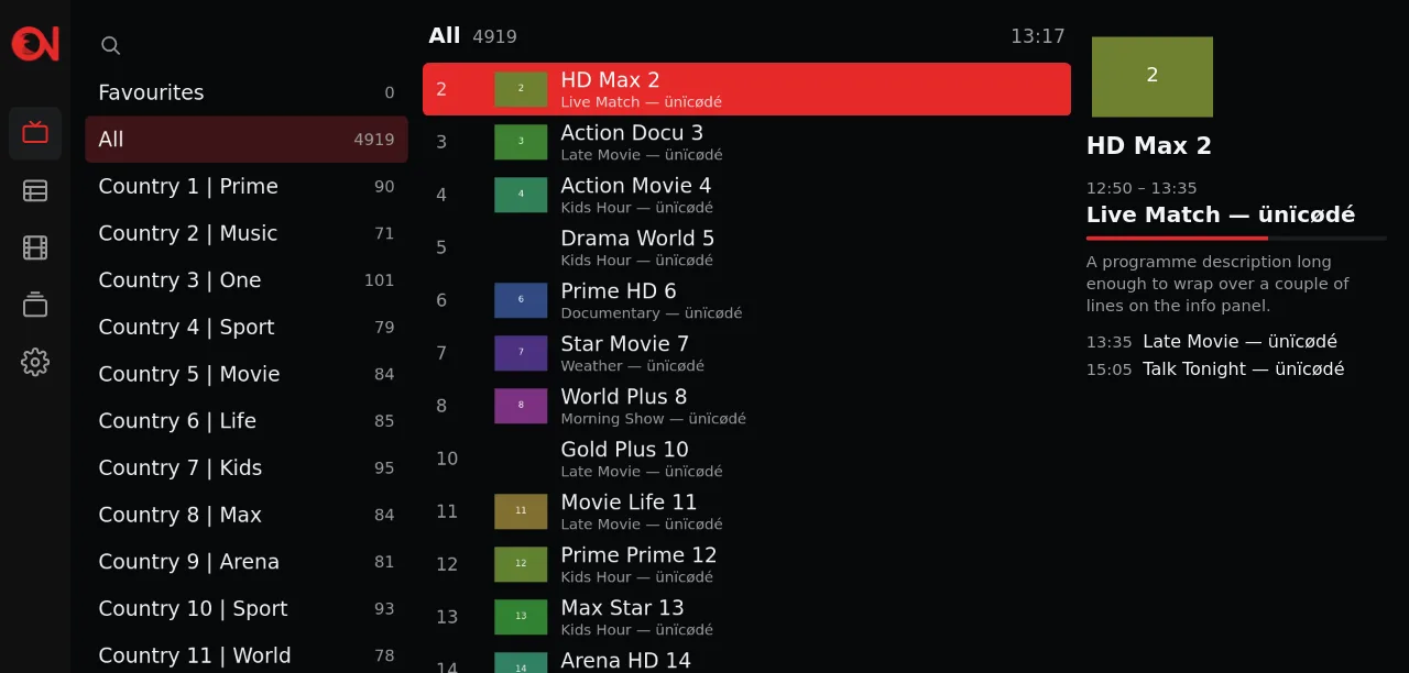 Ontv on a TV: live channels by category, with what is on now and next.